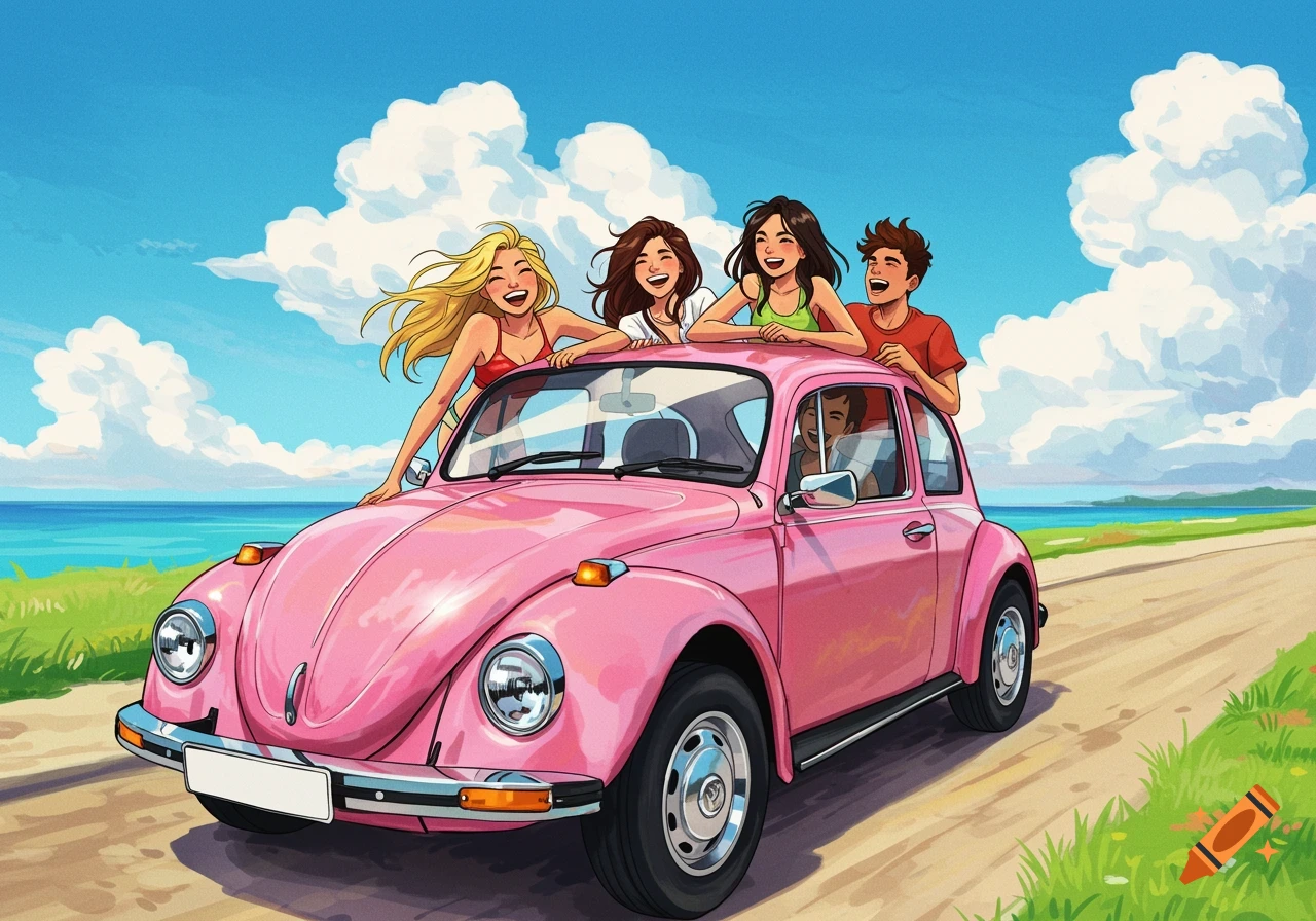 Anime-style illustration of young people in a pink Volkswagen Beetle on a road trip by the ocean.