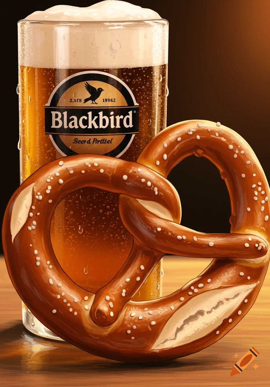 A glass of frothy beer with a label, next to a large pretzel on a wooden surface.