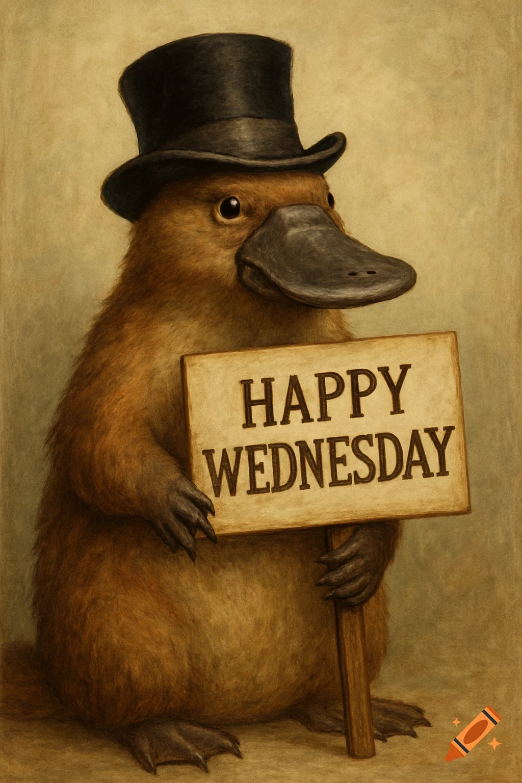 A platypus wearing a top hat holds a sign saying HAPPY WEDNESDAY in a digital painting style.