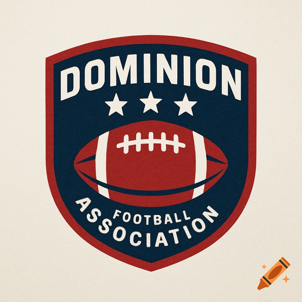 Logo shield with text Dominion Football Association, football, and stars.