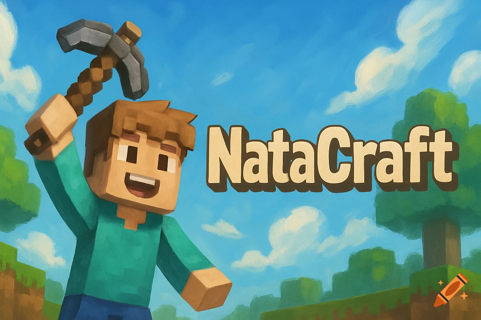 Minecraft-style blocky character with pickaxe and text 'NataCraft' against a sky background.