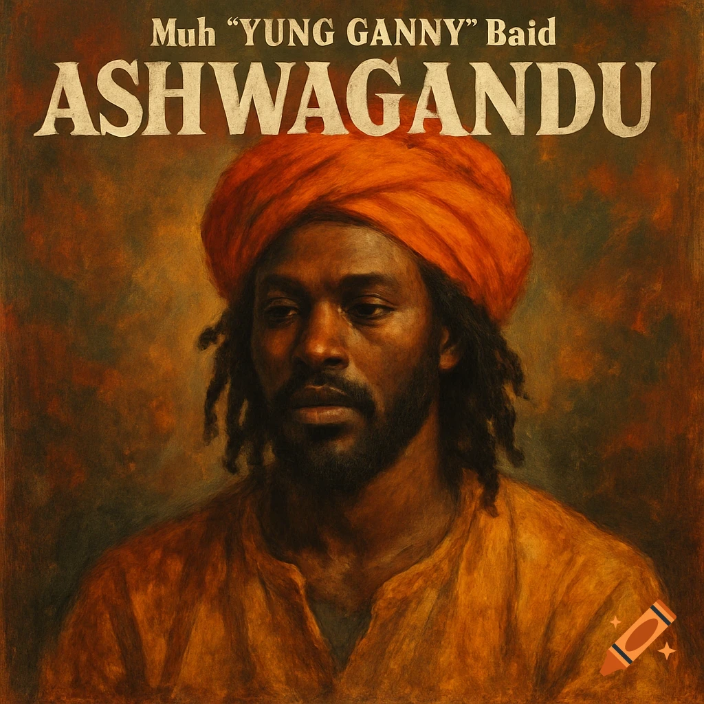 Album cover portrait of a man in an orange turban in a painterly style with text.