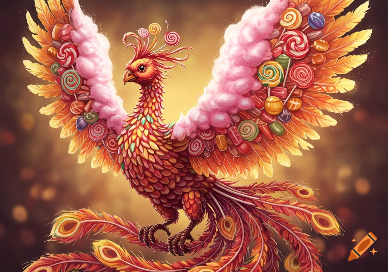 A colourful phoenix creature made of candy with lollipops and cotton candy.