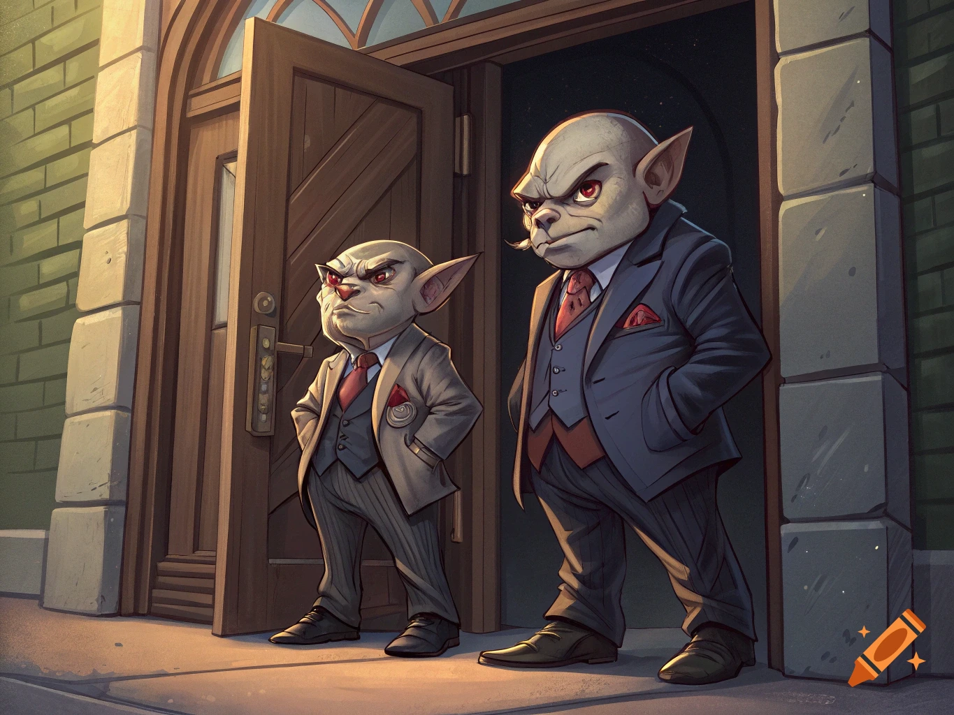 Two stylized goblin-like figures in suits stand menacingly by a large wooden door. They have large ears and red eyes.