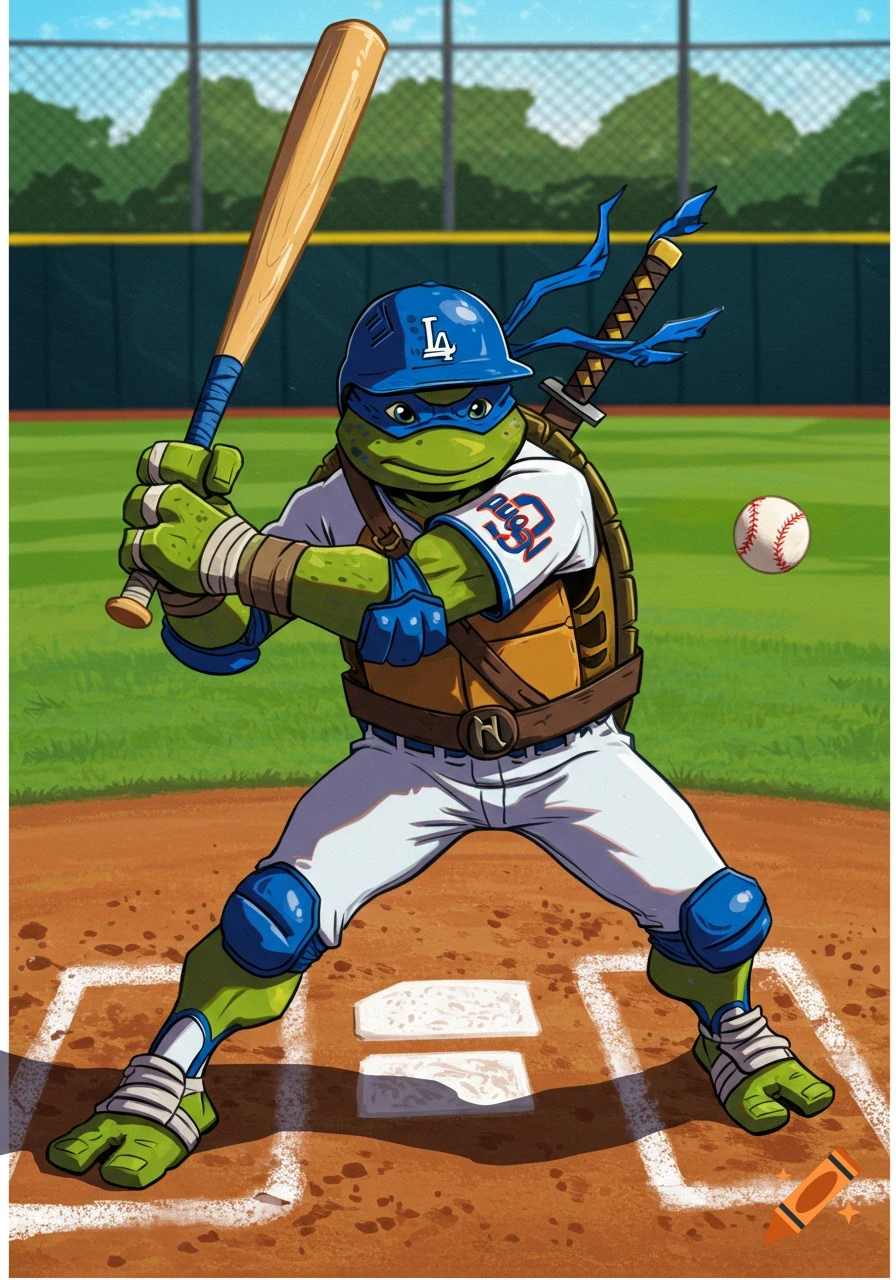 Cartoon Ninja Turtle in a baseball uniform batting on a baseball field