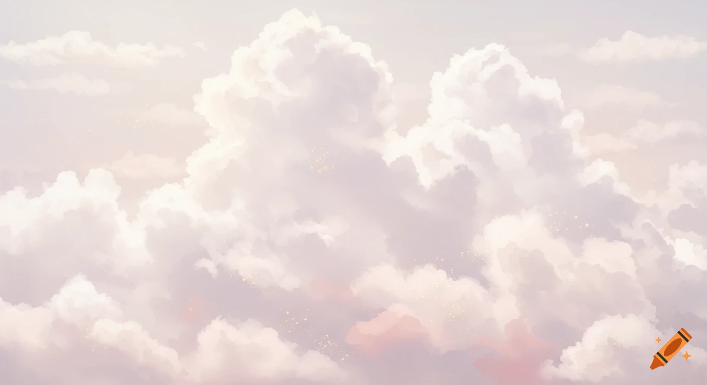 Soft pink and white clouds with scattered golden sparkles in a gentle, stylized sky.