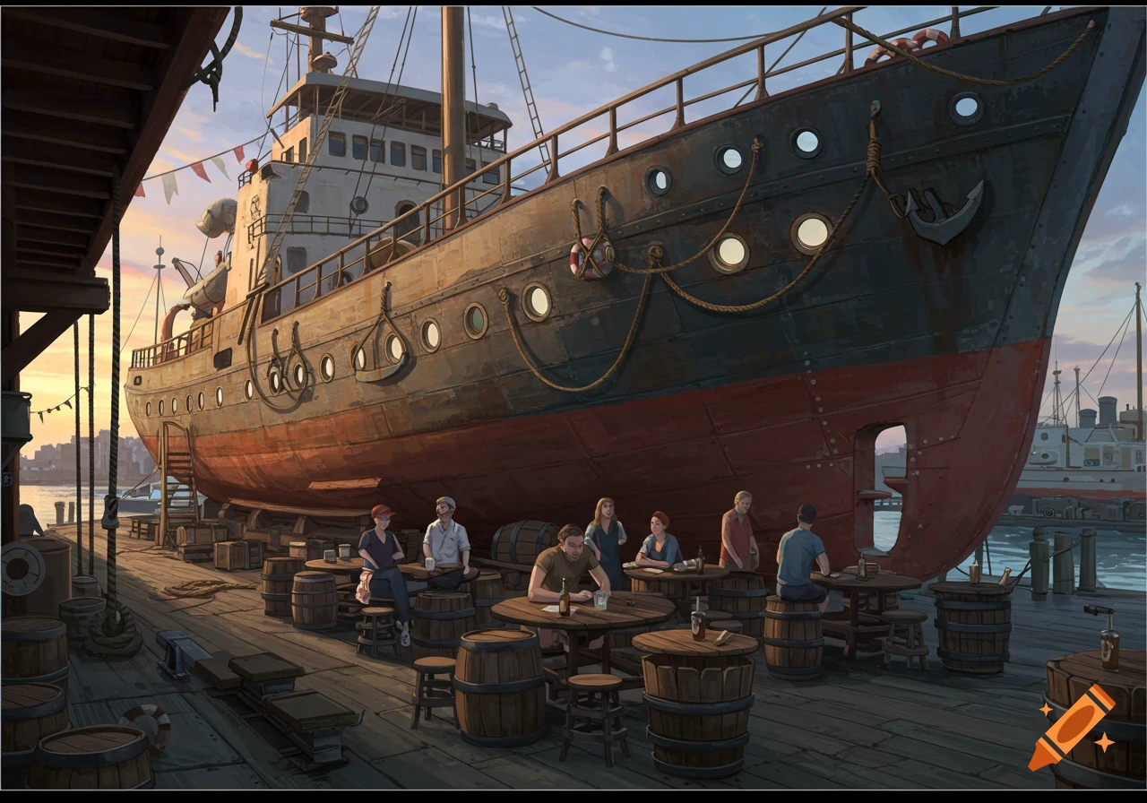A detailed digital painting of a large ship dry-docked and converted into a bar on a wooden pier with people drinking.