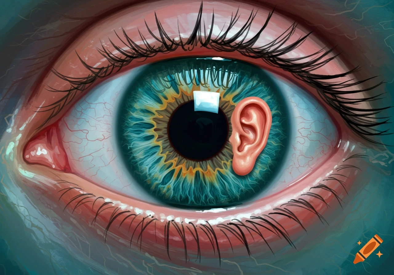 Close-up illustration of a human eye with a small ear positioned near the pupil.