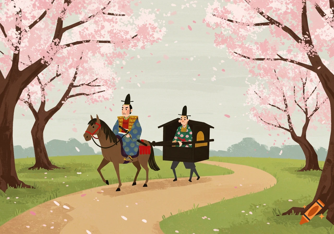 Illustration of a man on a horse and another in a palanquin on a path under cherry trees.