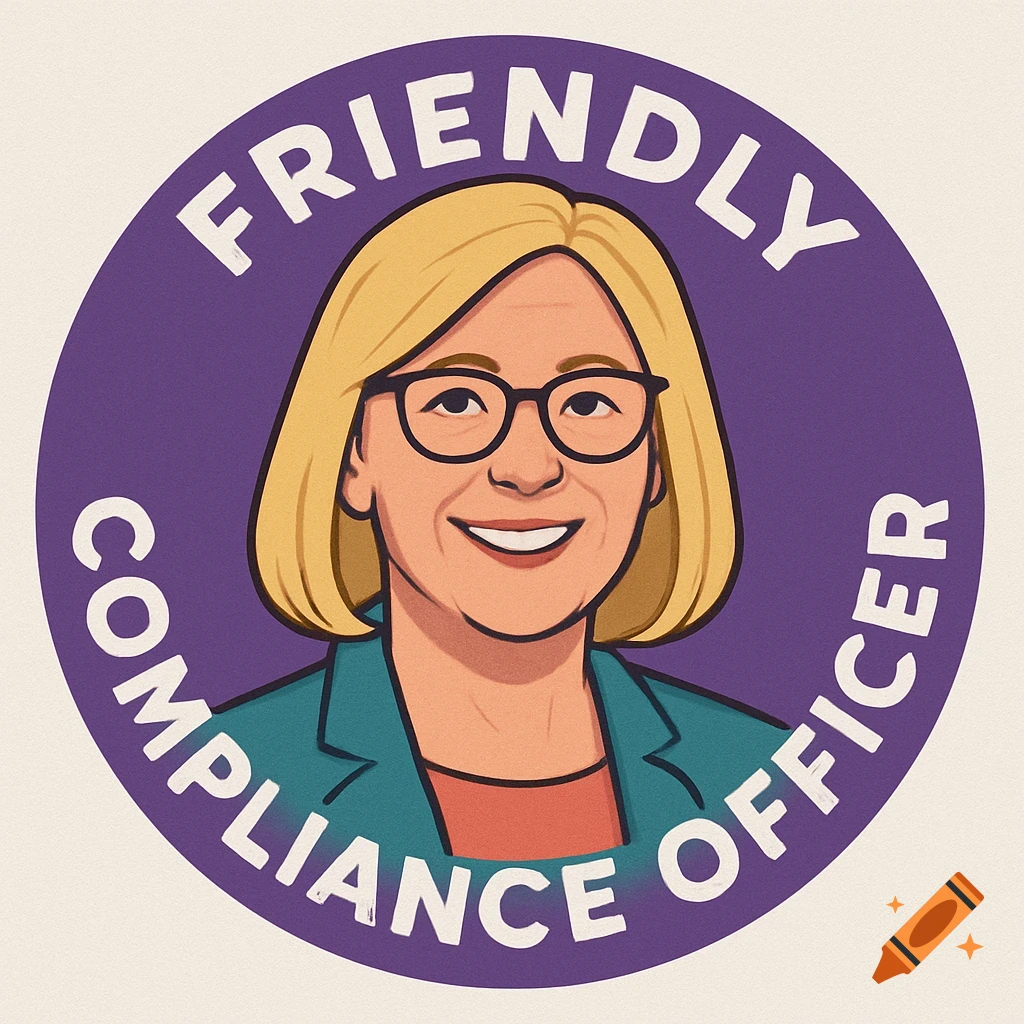 Illustration of a smiling blonde woman with glasses on a purple circle with the text "Friendly Compliance Officer".