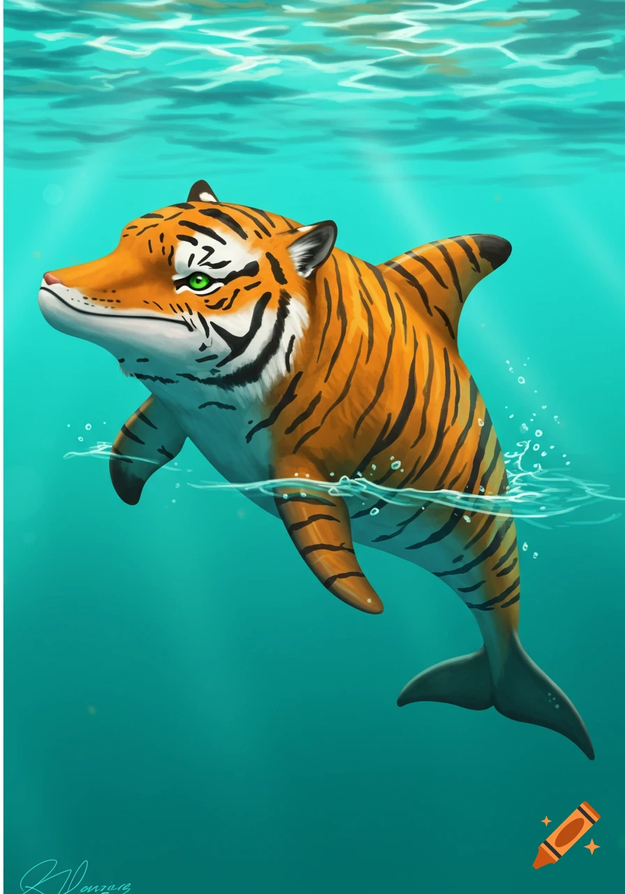 Illustration of a tiger dolphin hybrid swimming underwater
