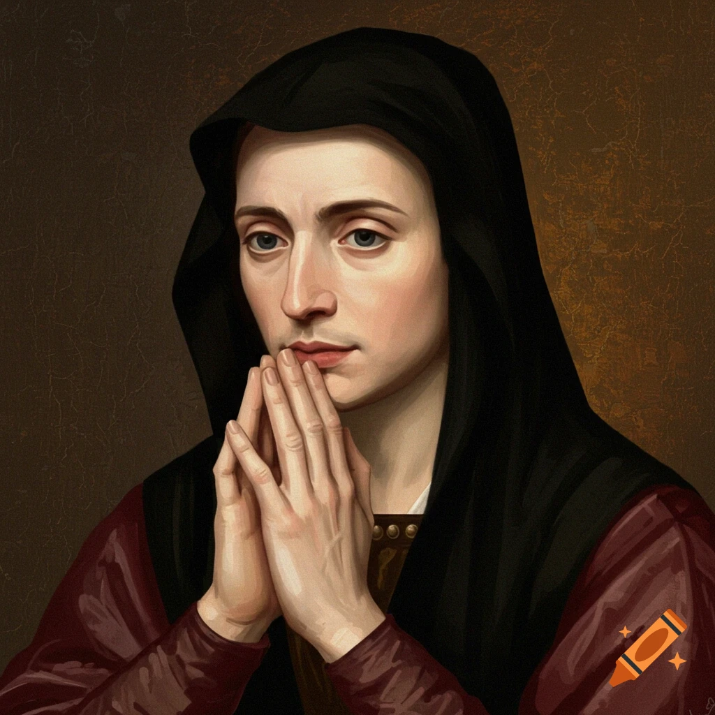 A portrait painting of a person praying, wearing a hood and dark red robes.