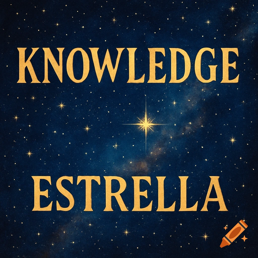 Gold text spelling "KNOWLEDGE" and "ESTRELLA" over a dark blue starry sky with a bright central star.