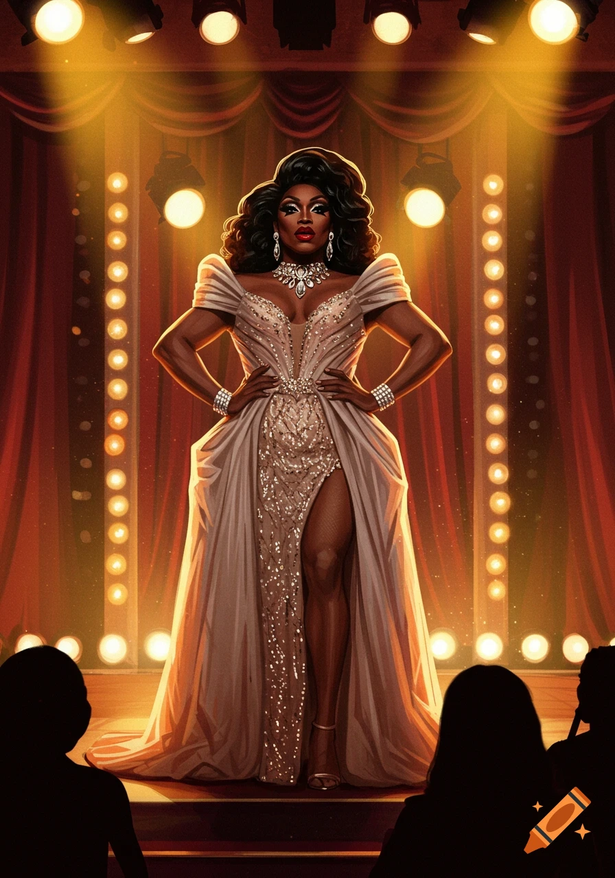 A drag queen in a glamorous gown poses on stage under spotlights.