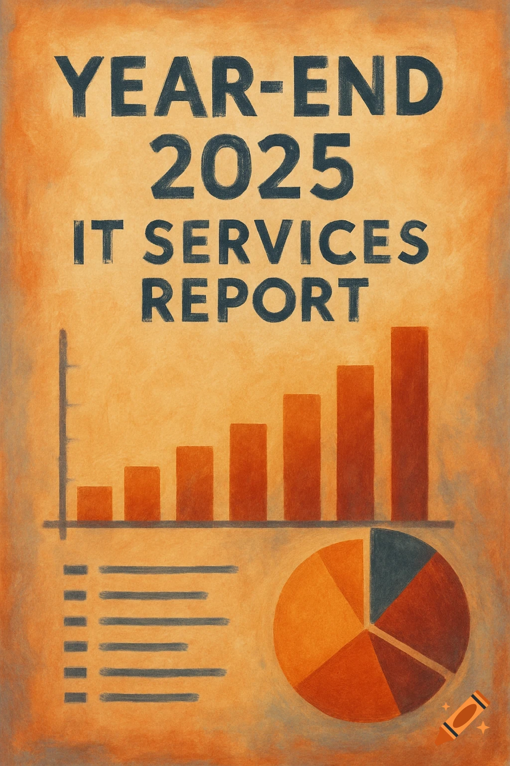 Illustration of a Year-End IT Services Report graphic with bar and pie charts