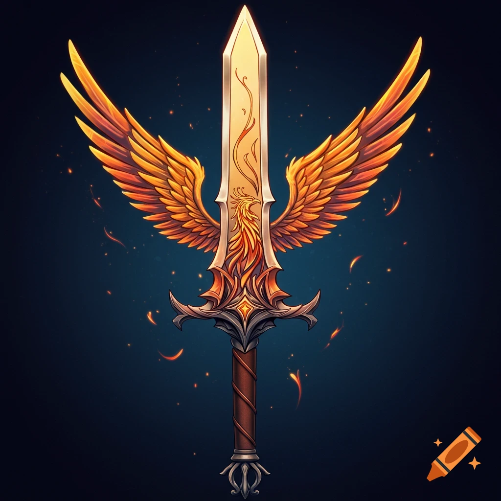 Fantasy sword with golden phoenix wings and fiery accents on a dark background.