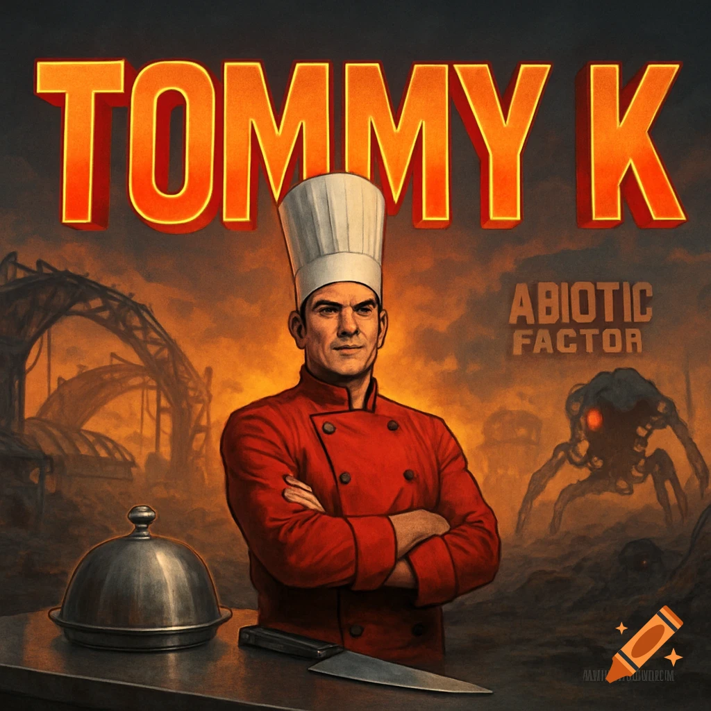 A chef in a red jacket stands in front of a sci-fi post-apocalyptic background with text 'TOMMY K' and 'ABIOTIC FACTOR'.