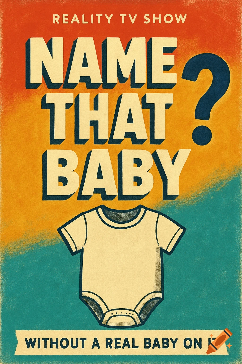 Vintage style poster for a reality TV show titled 'Name That Baby?', featuring a baby onesie.