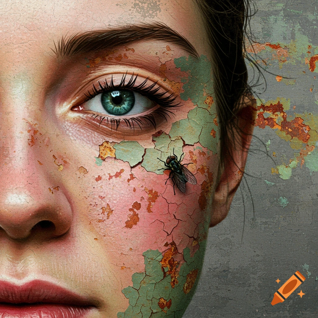 Close-up portrait of a woman's face with cracked paint and a fly, artistic gritty style.
