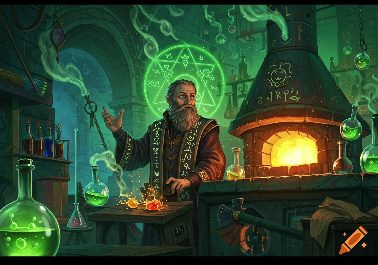 An alchemist stands in his lab, surrounded by glowing green symbols, bubbling potions, and a fiery furnace.