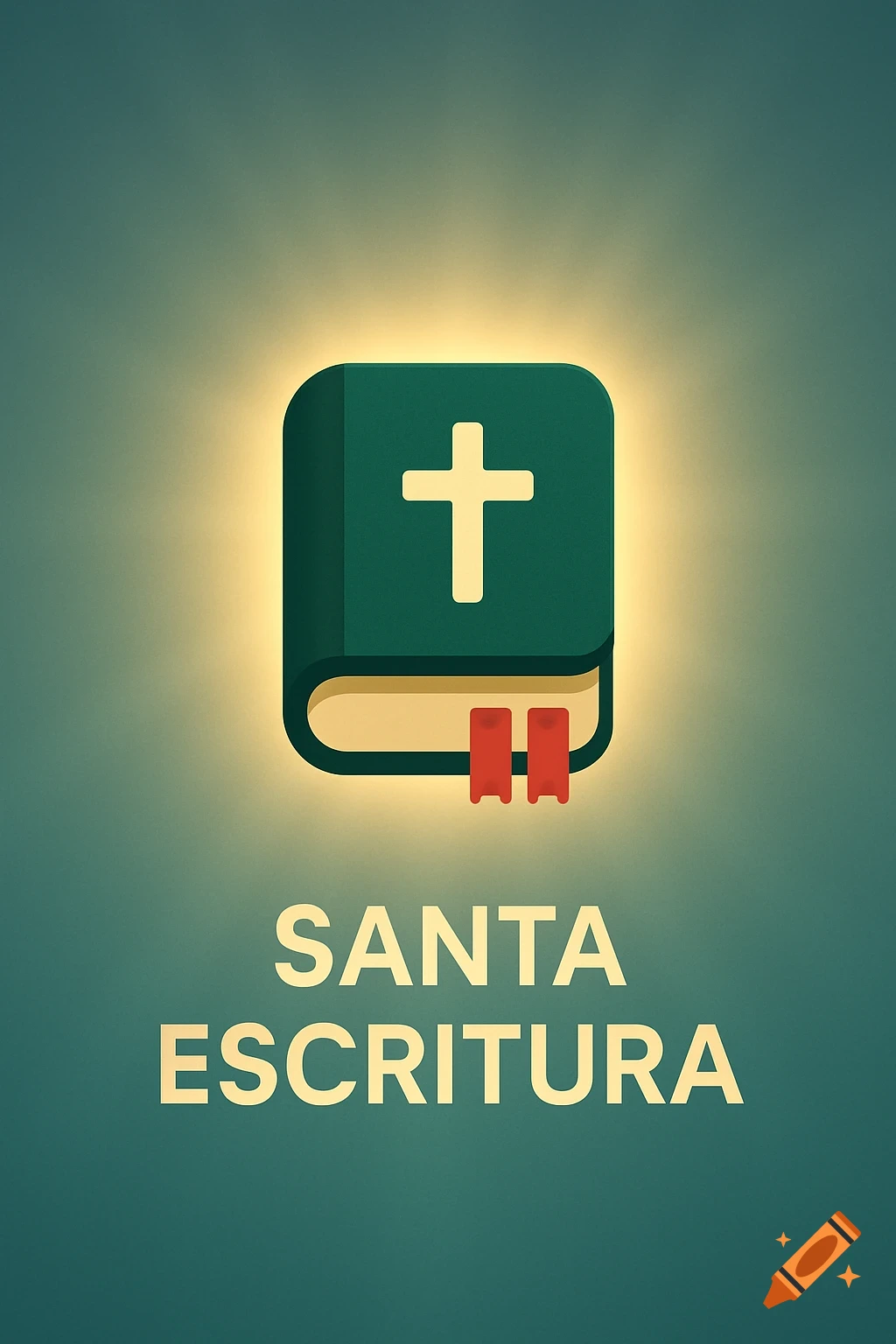 Stylized Bible icon with cross and bookmarks above text SANTA ESCRITURA on teal background