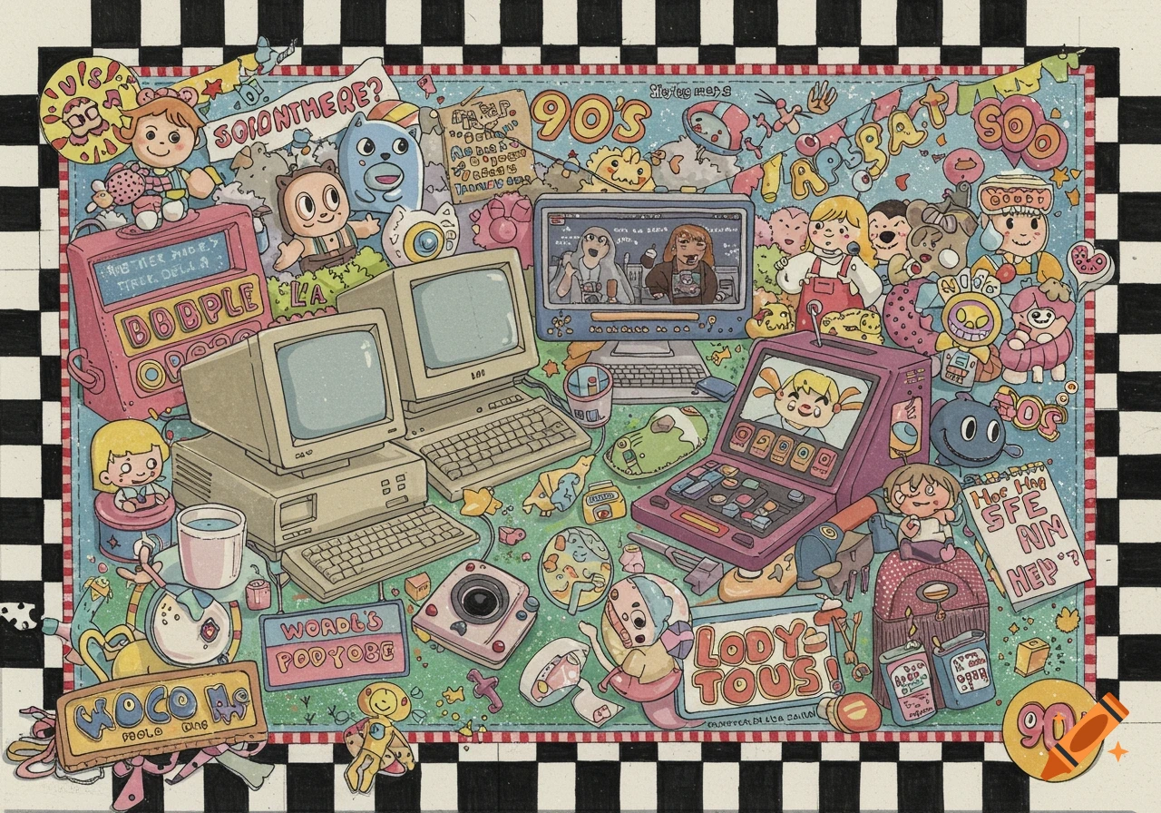 Busy cartoon illustration filled with retro computers, technology, and characters in a 90s nostalgic style.