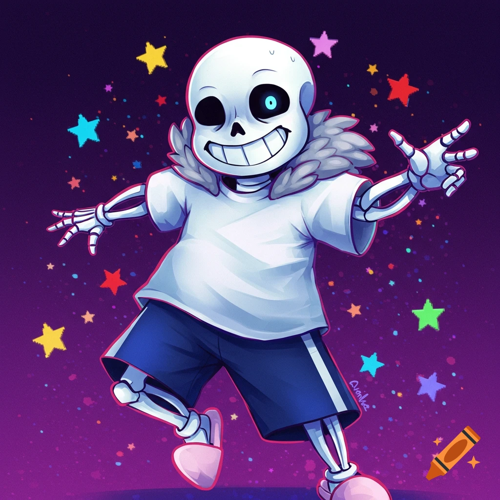 Cartoon skeleton character with blue eye and fluffy hood, wearing a white shirt and blue shorts, posing against a starry purple background.