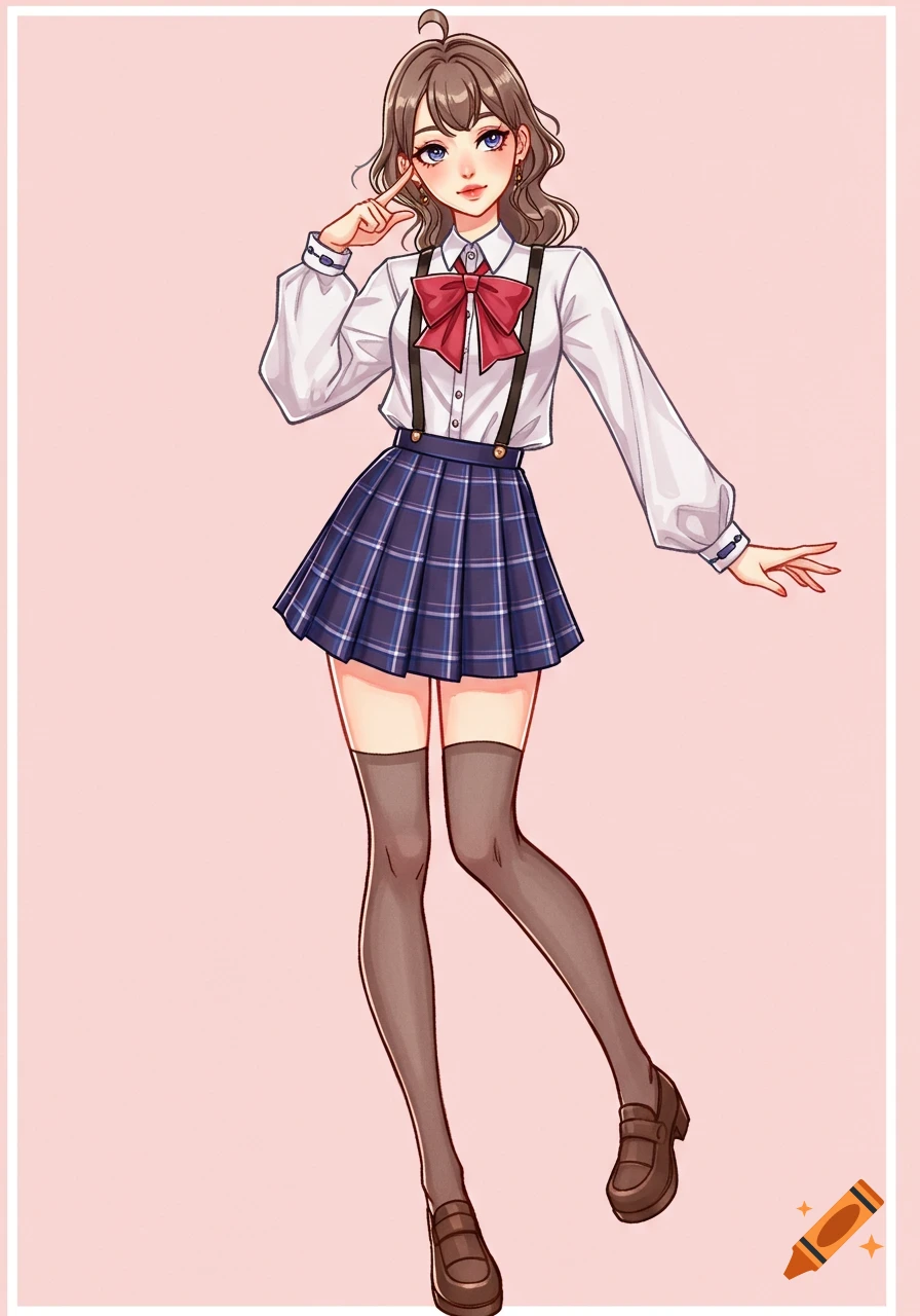 An anime style illustration of a girl in a school uniform with a plaid skirt and red bow tie.