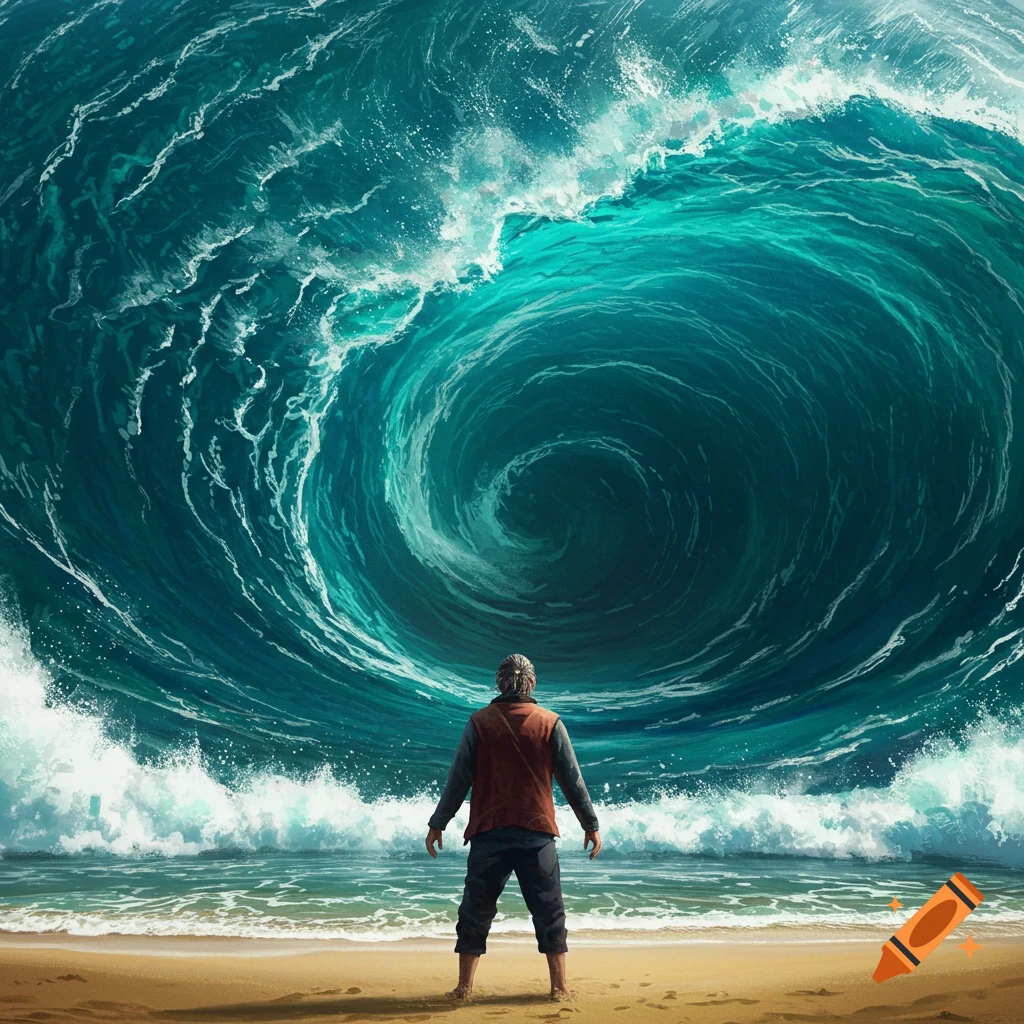 Painting of a person facing a huge swirling tsunami wave on a beach.