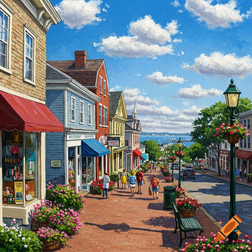 Painterly view of a sunny street with shops, people, and a view of a harbor.