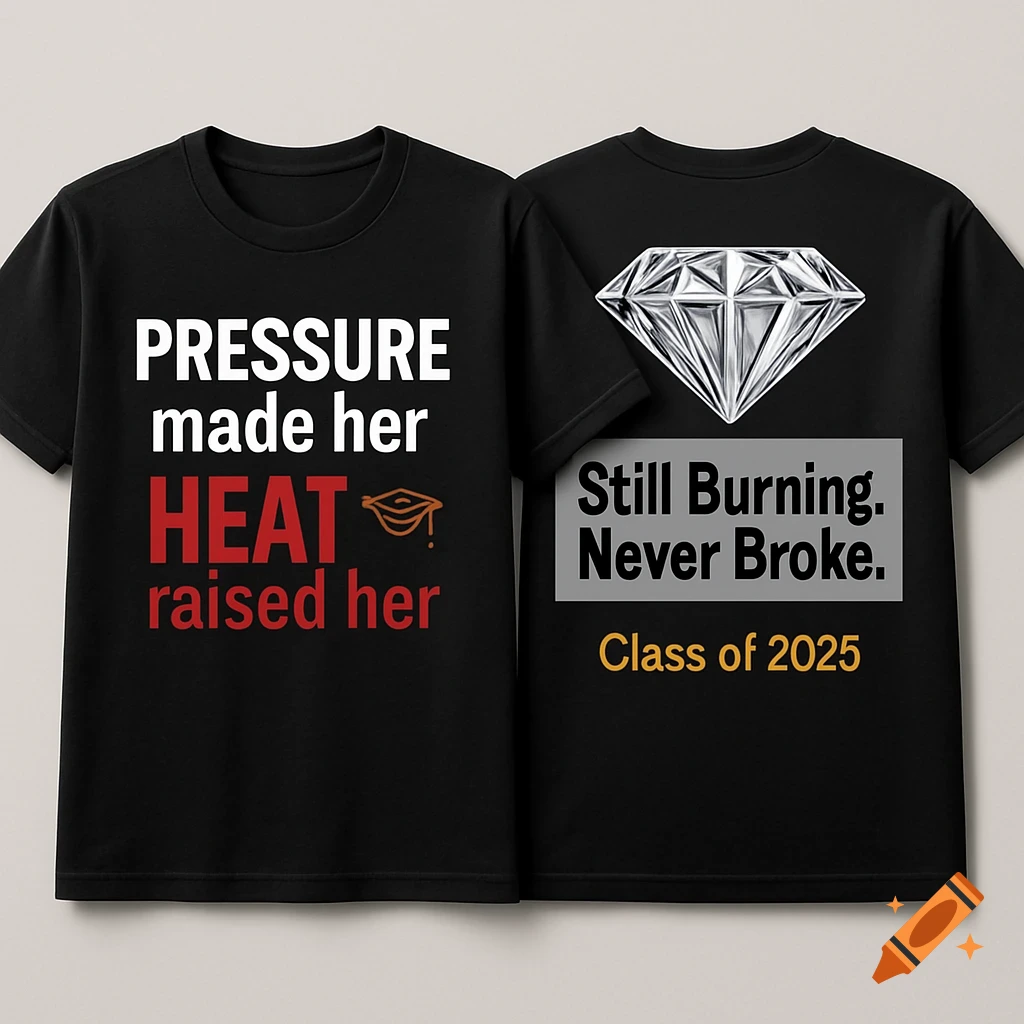Mockup of two black t-shirts with motivational text and graduation/diamond graphics.