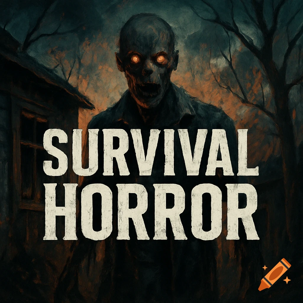 A terrifying zombie creature with glowing eyes stands in a dark, painterly scene with the text 'SURVIVAL HORROR'.