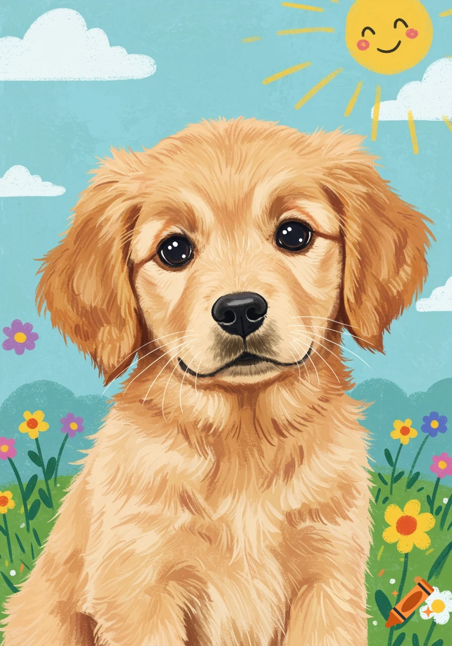 Golden retriever puppy in a field of flowers under a sunny sky ...