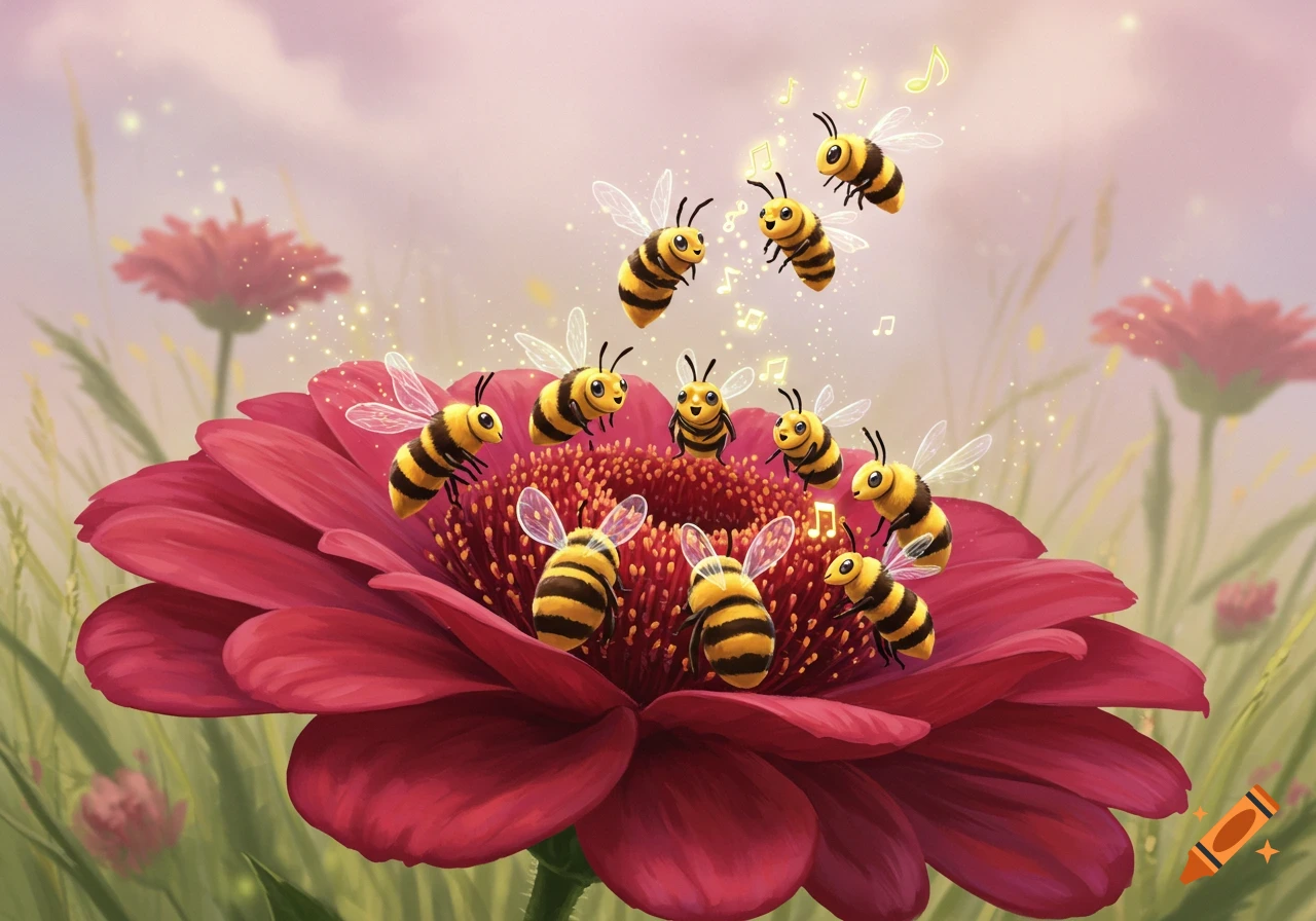 Cartoon bees sing with musical notes over a large red flower in a meadow.