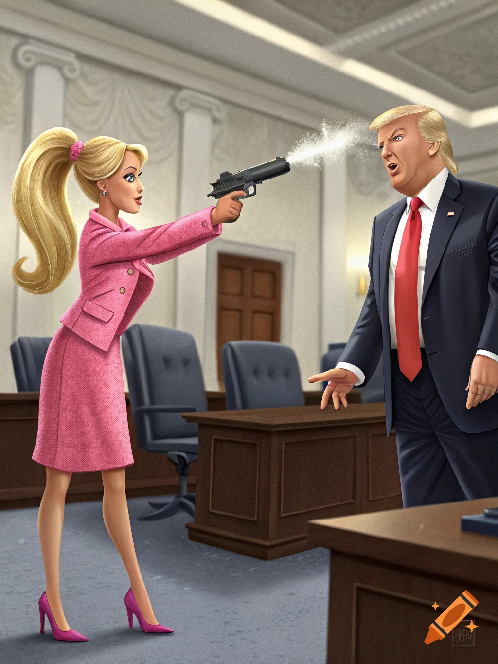 Stylized illustration of a woman resembling Barbie spraying a man resembling Donald Trump with water in a courtroom.