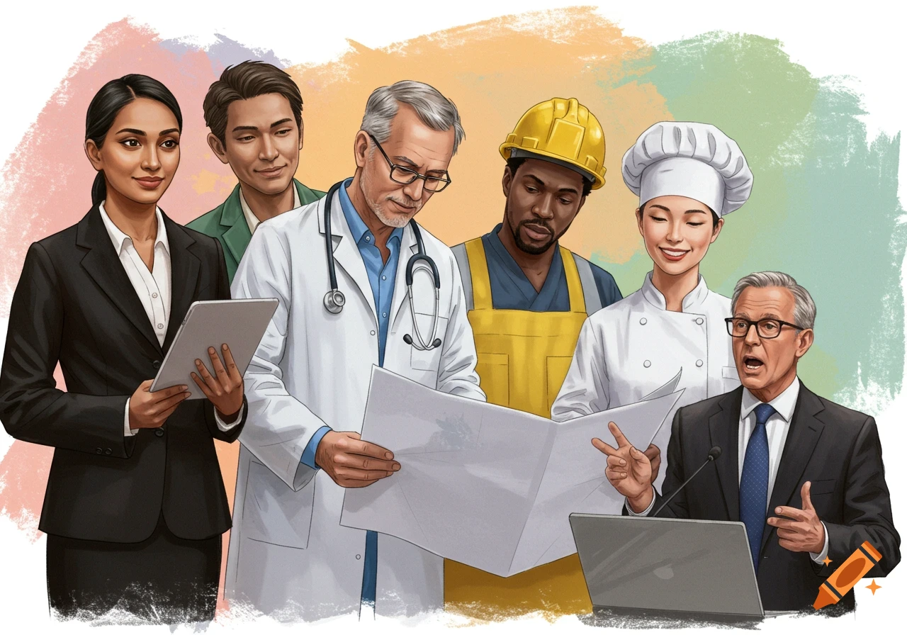 Diverse group of professionals (business, doctor, construction, chef) looking at documents and a laptop in an illustrative style.