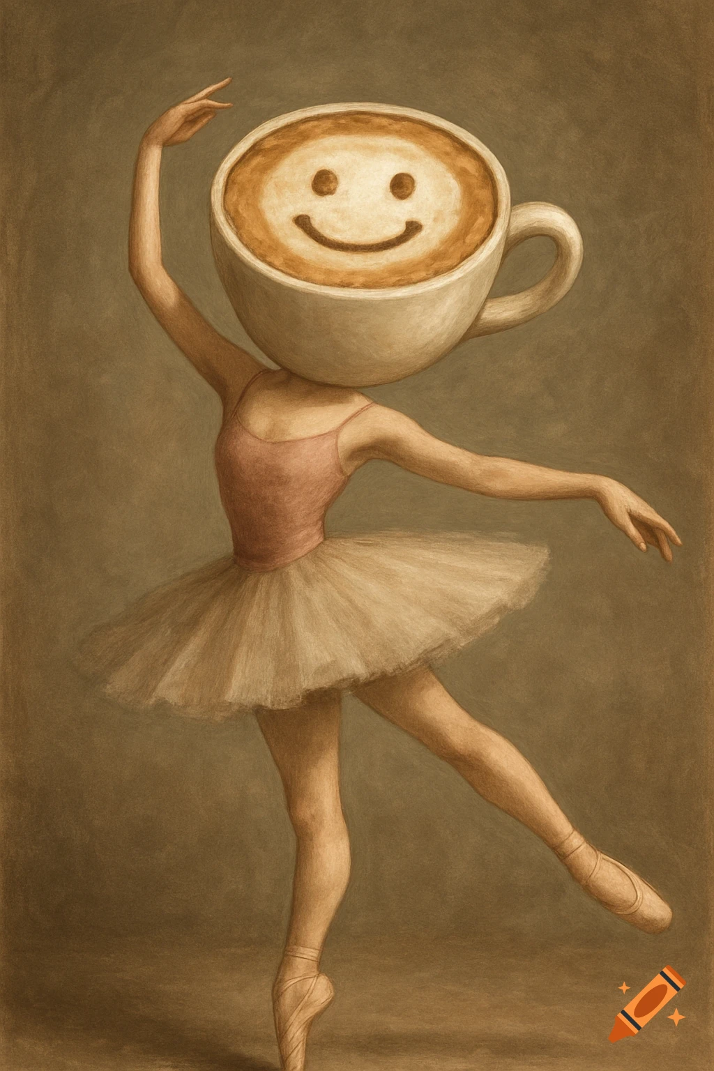 An illustration of a ballerina with a coffee cup for a head, featuring a smiley face in the foam.