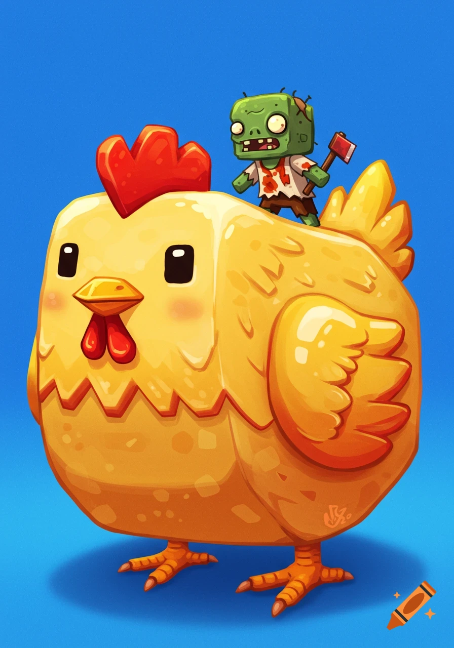 A stylized cartoon of a cubed yellow chicken with a small green cubed zombie riding on its back, holding an axe.