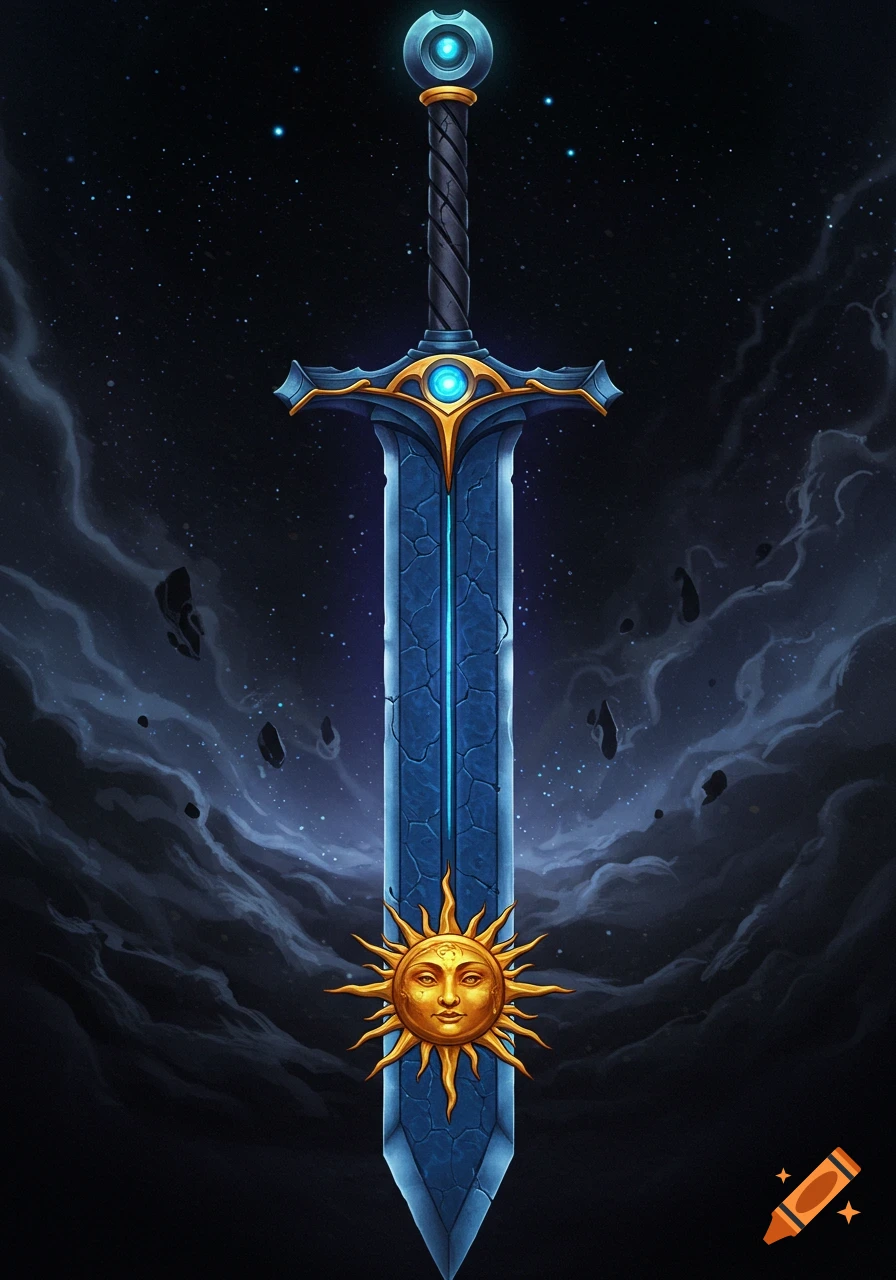Fantasy sword with a sun emblem hilt against a starry background.