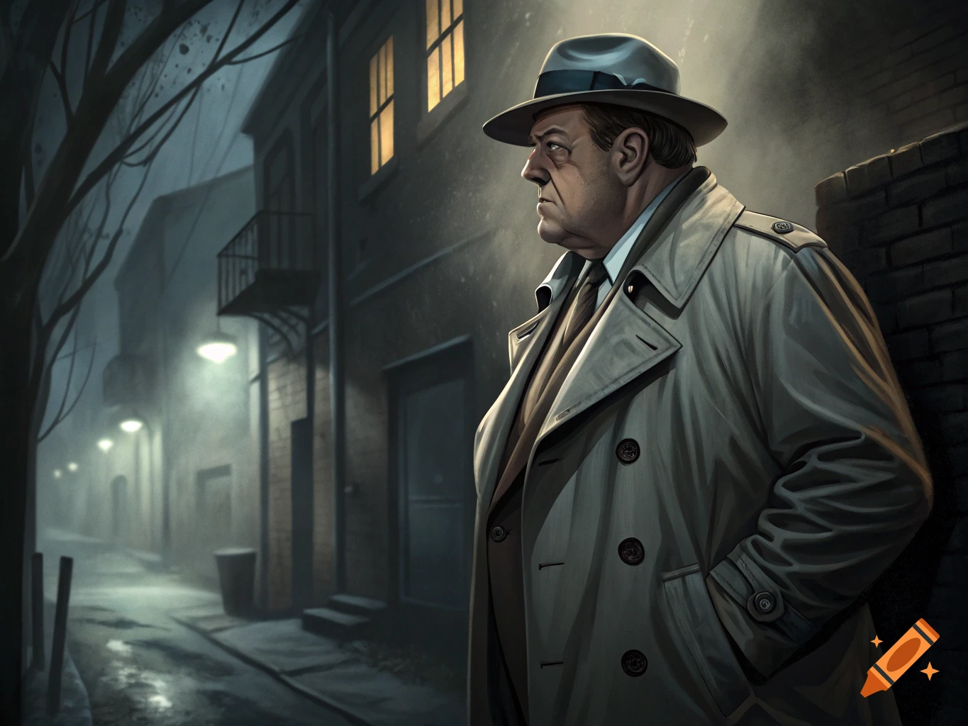Illustration of a man in a trench coat and fedora standing in a dark, rainy alley.