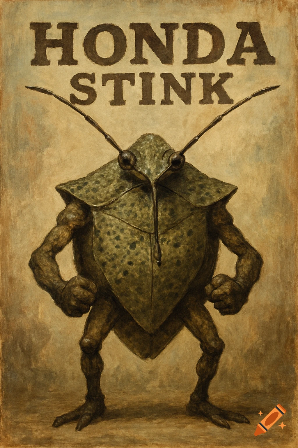 Painting of a humanoid stink bug posing like a strongman on a poster with the text Honda Stink