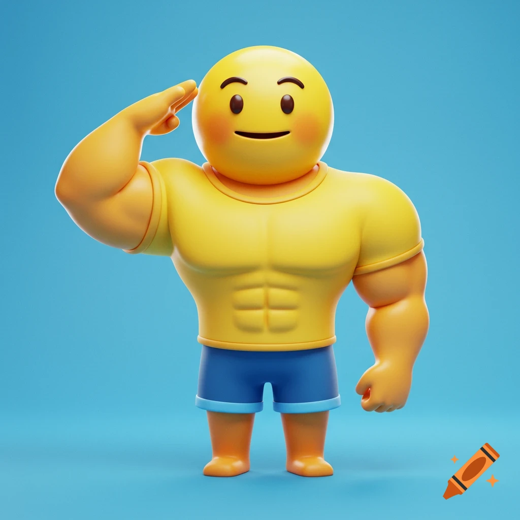 A muscular emoji character saluting.