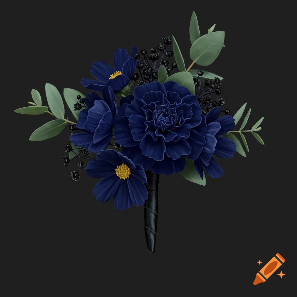 Navy blue floral corsage with black berries and eucalyptus leaves, illustration