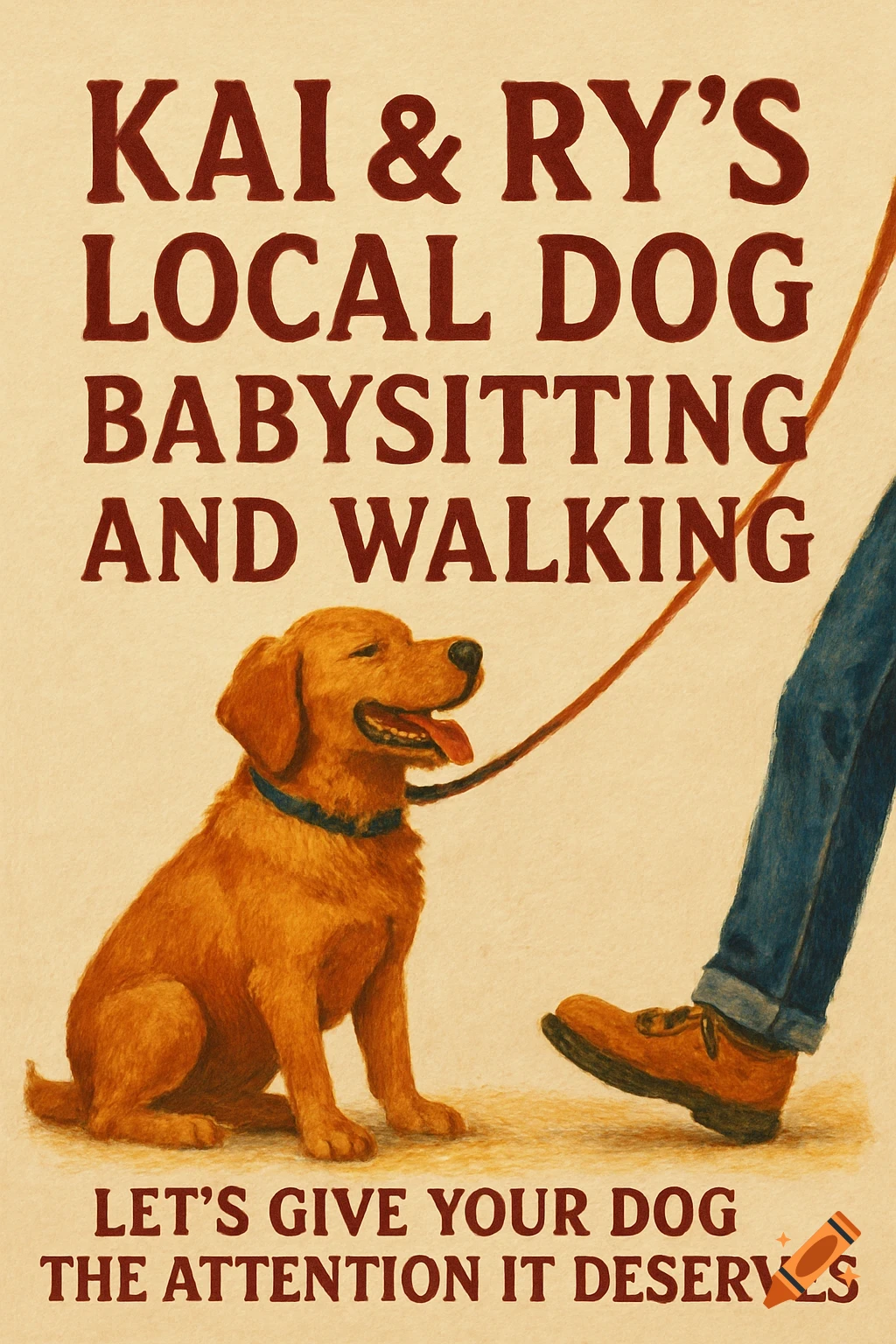 Flyer for dog babysitting and walking featuring a dog and a person's leg in a textured style