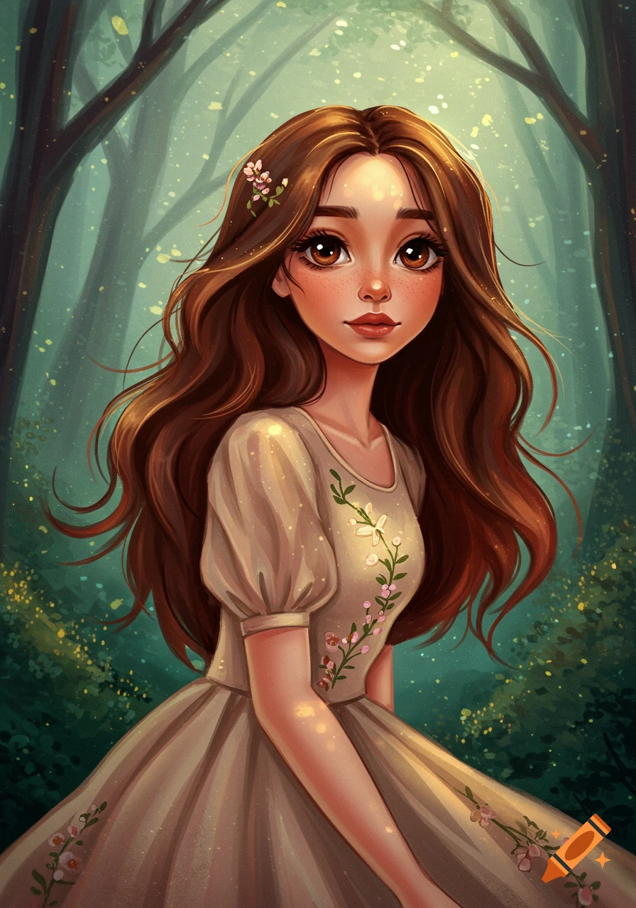 A digital illustration of a young woman with brown hair and eyes in a ...