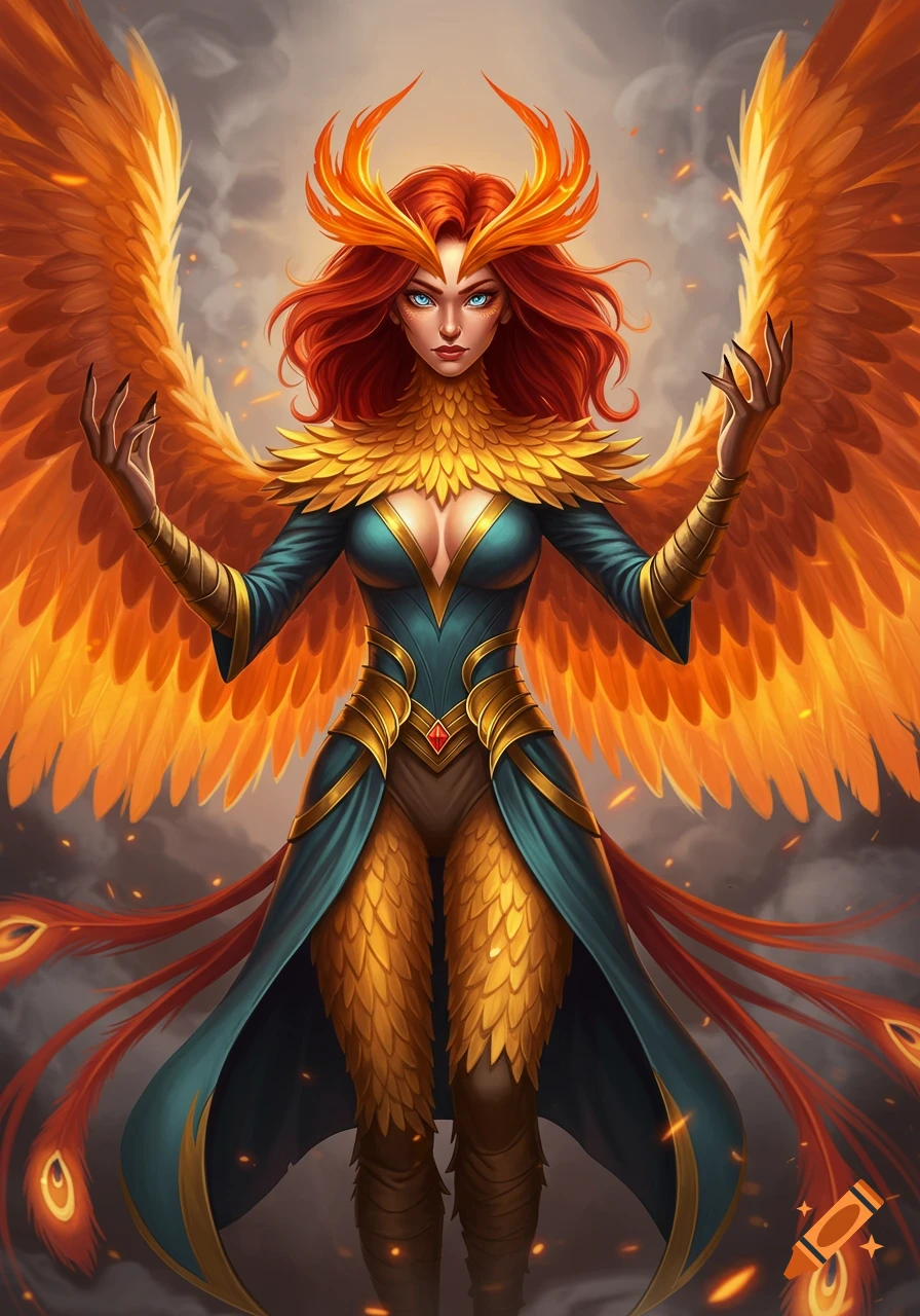 Fantasy illustration of a female humanoid phoenix with fiery wings and golden scale armor.