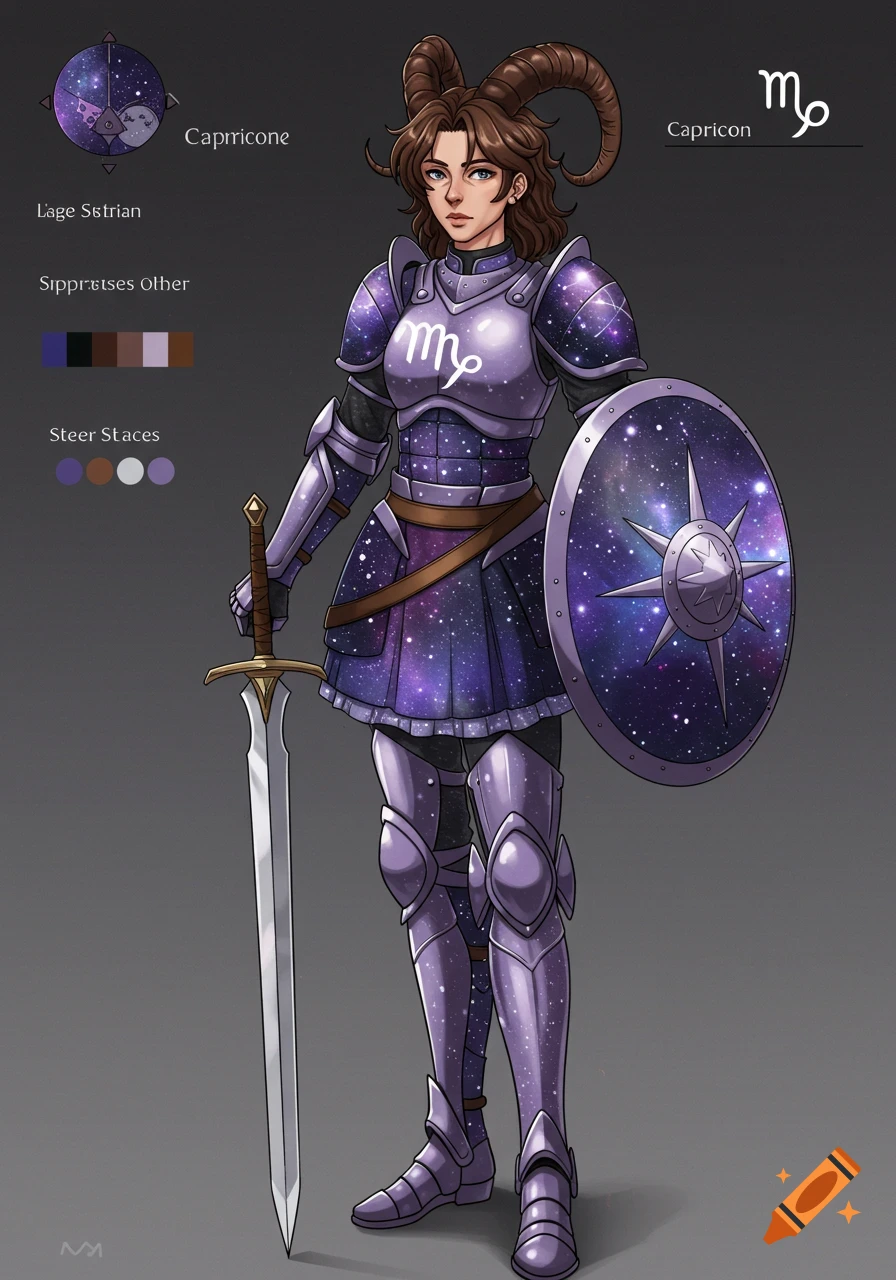 Anime style illustration of a woman in space-themed armor with goat horns, holding a sword and shield.