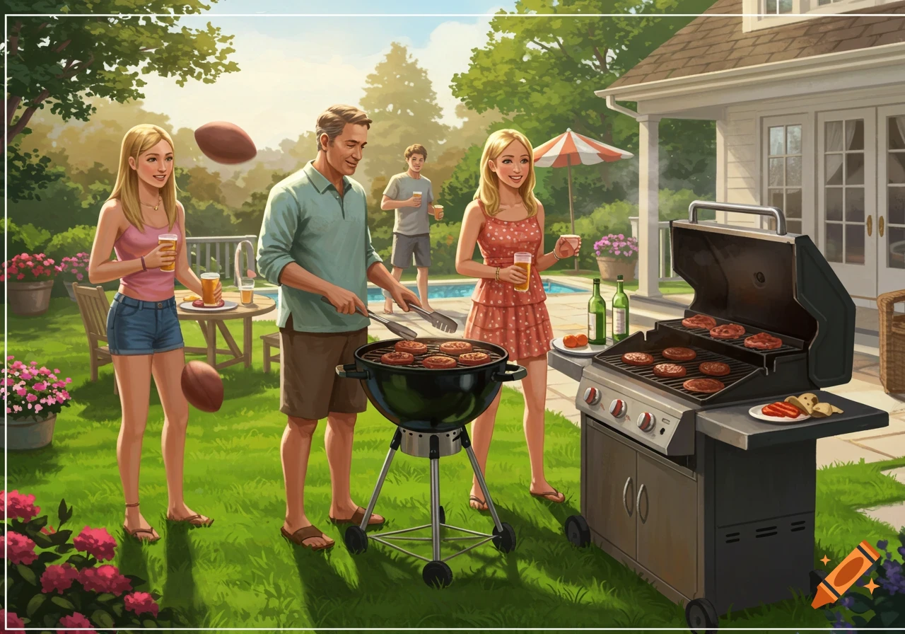 Family barbecuing in backyard illustration with floating footballs.