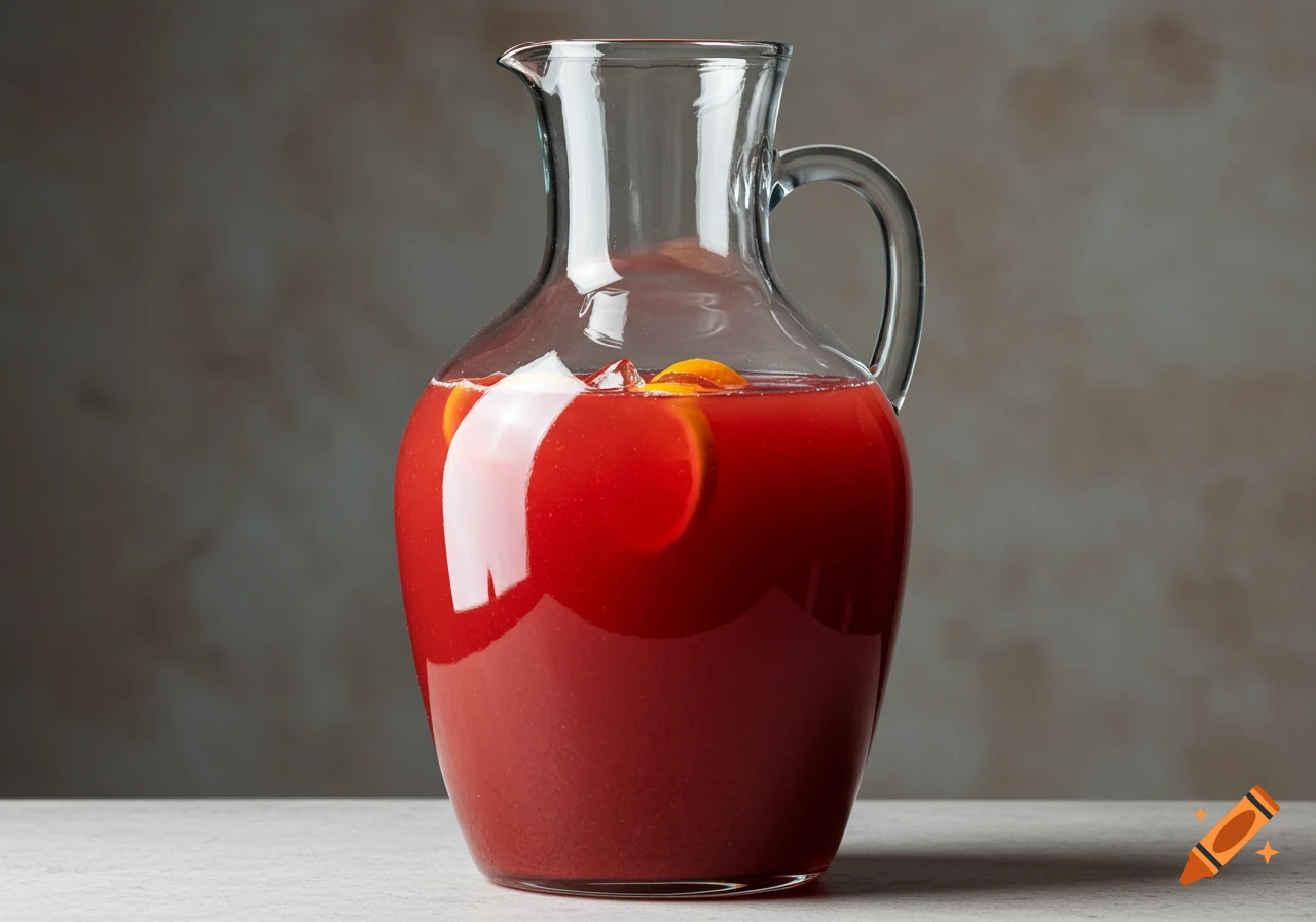 A clear glass jug filled with red liquid and orange slices.