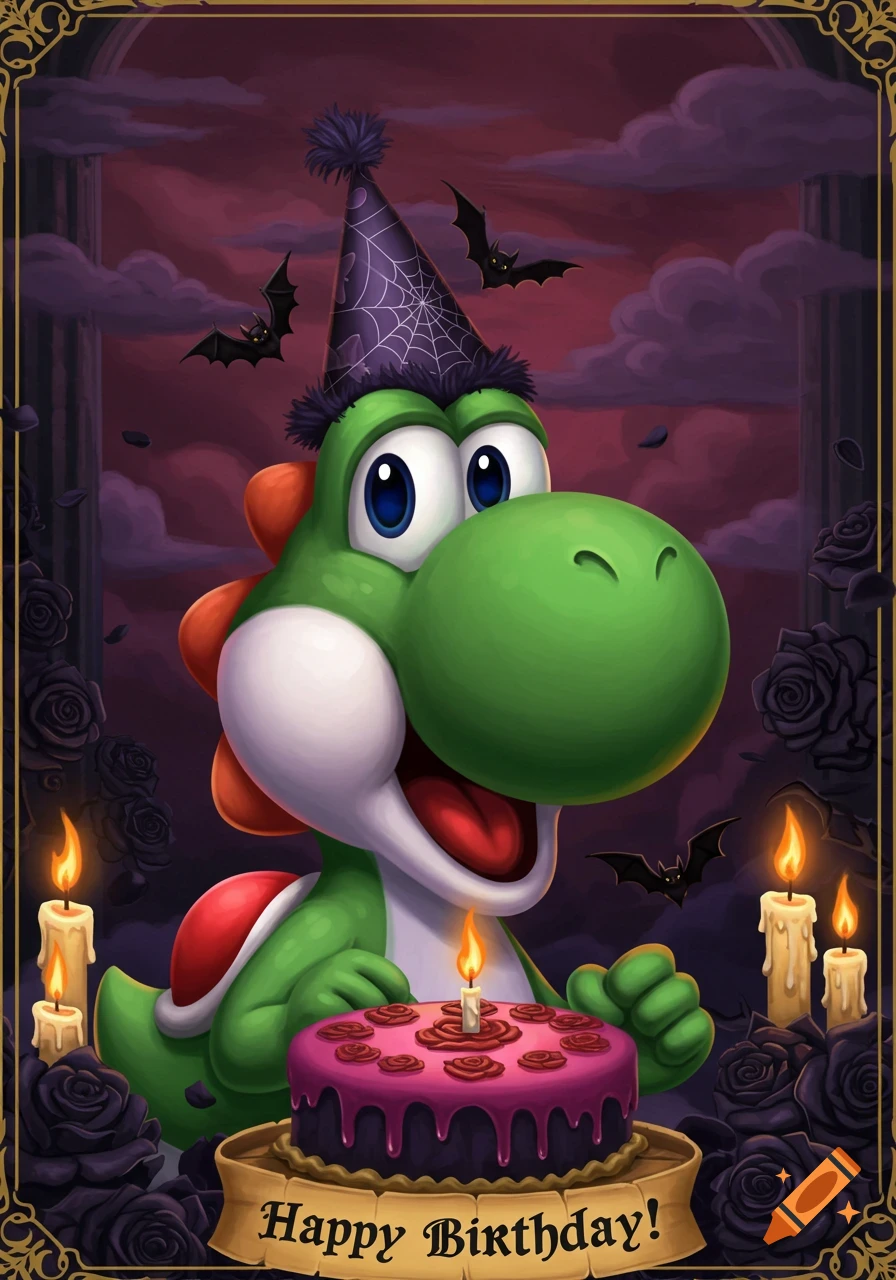 Yoshi in a party hat stands behind a birthday cake with lit candles, surrounded by gothic roses and bats. A banner reads 'Happy Birthday!'